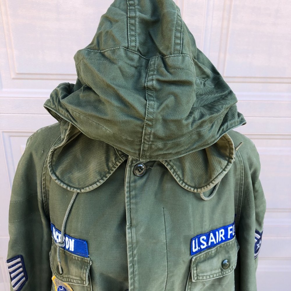 Vintage Men's US Air Force Military Jacket Hood Patches Med Reg Cotton OG 107 - Picture 6 of 12
